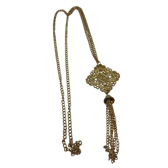 Gold Tone Necklace Long Chain Trangular Pendant with Tassel - Picture 6 of 7